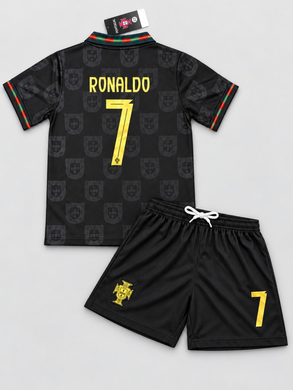 Kids Ronaldo 7 Portugal Black Gold Soccer Jersey Shorts Set Youth Boys Girls